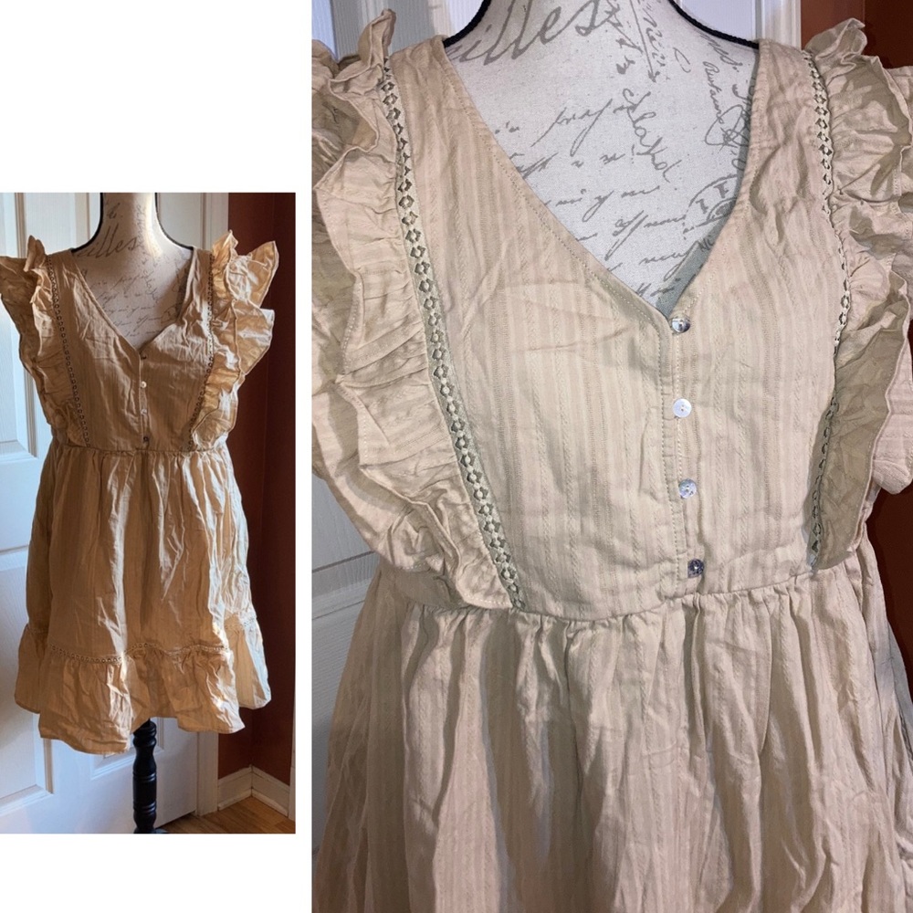 Tan Cotton Prairie Cottagecore Flutter Ruffle Dress by White Birch sz Large